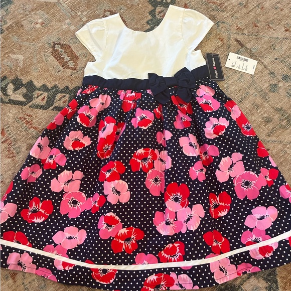 Gymboree Playful Poppies Dress 5t Floral Polka Dot Navy Pink - Picture 1 of 10